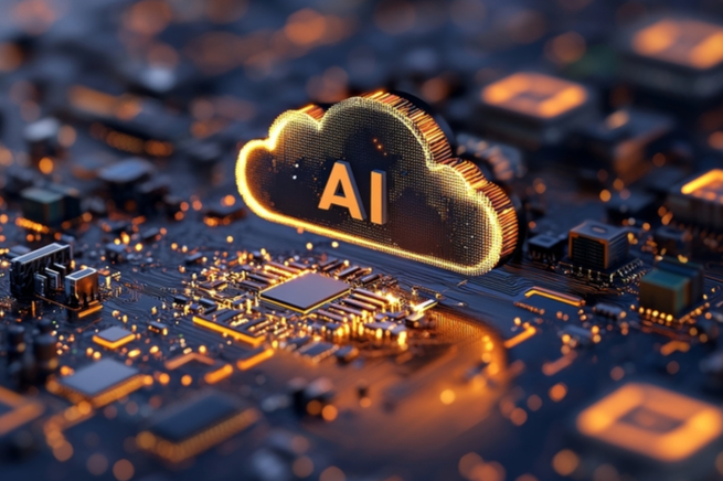 AI letters in cloud on an AI style circuit board
