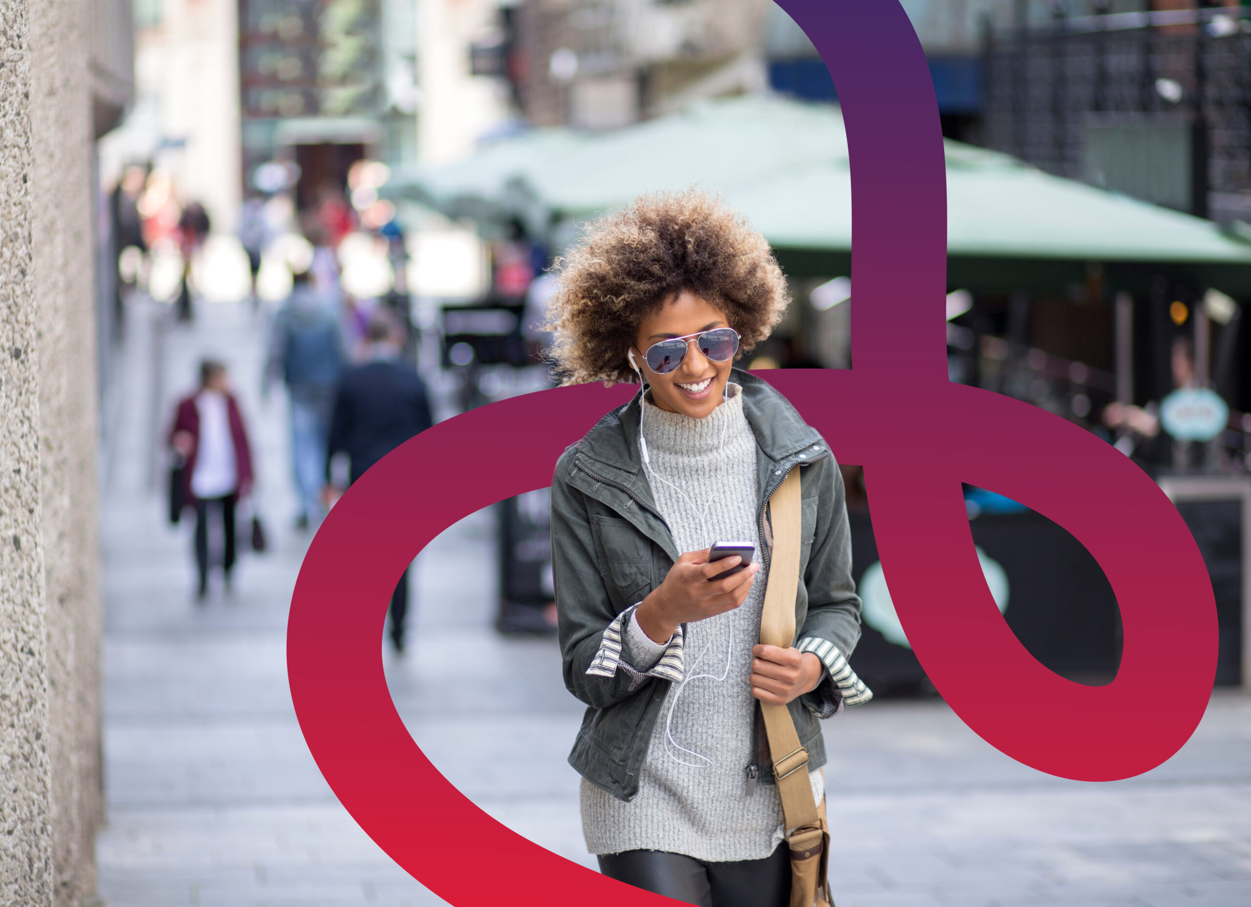 Woman in street with mobile surrounded by a red loop